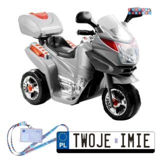 Srebrny motorek trójkołowy HC8051 na akumulator - 1x18W 6V/4.5Ah, LED, klakson, muzyczna kierownica - [2070]