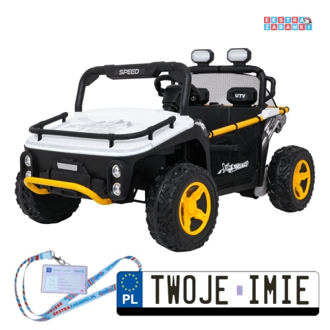 Biały UTV SPEED buggy na akumulator dwuosobowy - biały, 2x80W, 24V/9Ah, pilot, EVA, LED, Bluetooth, wolny start [HL707]