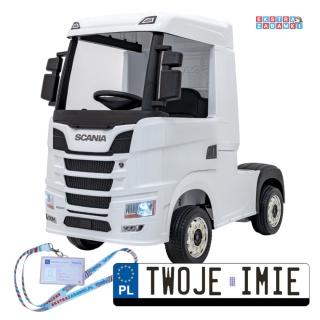 Biały TIR Scania R-Serie na akumulator - 4x35W 24V/7Ah, EVA, Bluetooth, ekoskóra - [HL698]