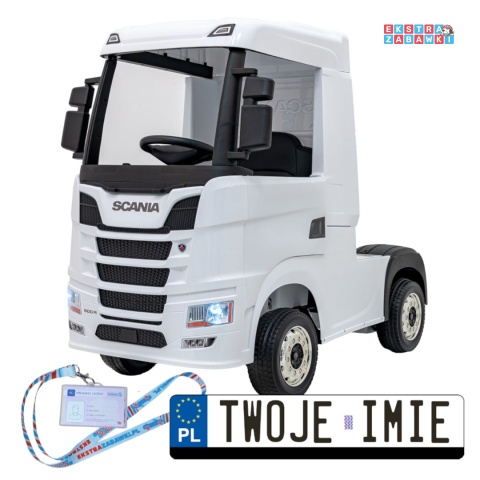 Biały TIR Scania R-Serie na akumulator - 4x35W 24V/7Ah, EVA, Bluetooth, ekoskóra - [HL698]