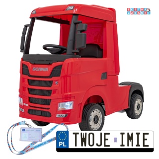 Czerwony TIR Scania R-Serie na akumulator - 4x35W 24V/7Ah, EVA, Bluetooth, ekoskóra - [HL698]