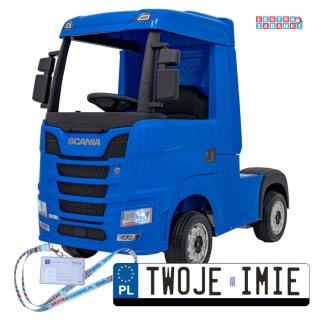Niebieski TIR Scania R-Serie na akumulator - 4x35W 24V/7Ah, EVA, Bluetooth, ekoskóra - [HL698]