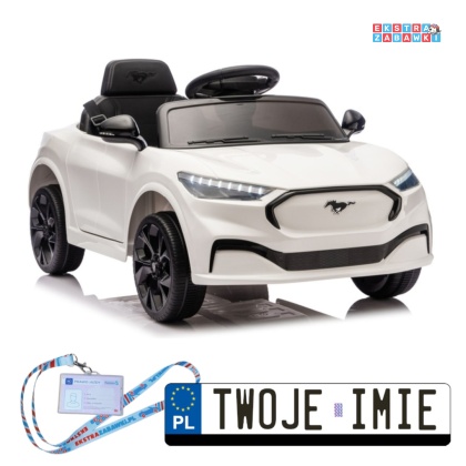 Biały Ford Mustang Mach-E na akumulator - 2x45W 24V/5Ah, EVA, LED, Bluetooth, ekoskóra, pilot [27657]