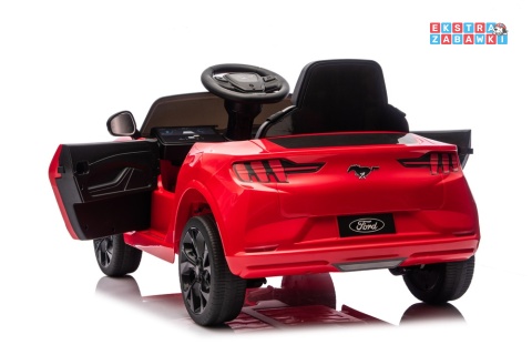 Czerwony Ford Mustang Mach-E na akumulator - 2x45W 24V/5Ah, EVA, LED, Bluetooth, ekoskóra, pilot [27655]