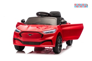 Czerwony Ford Mustang Mach-E na akumulator - 2x45W 24V/5Ah, EVA, LED, Bluetooth, ekoskóra, pilot [27655]