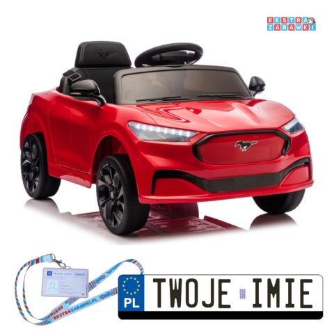 Czerwony Ford Mustang Mach-E na akumulator - 2x45W 24V/5Ah, EVA, LED, Bluetooth, ekoskóra, pilot [27655]
