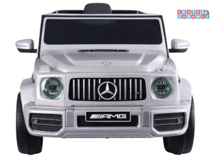 Srebrny Mercedes G63 S306-1 na akumulator - 2x45W 12V/4.5Ah, EVA, LED, ekoskóra, pilot, panel muzyczny [28766]