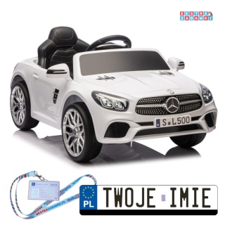 Biały Mercedes SL500 S506 na akumulator - 2x45W 12V/4.5Ah, EVA, LED, ekoskóra, panel muzyczny, pilot [28768]