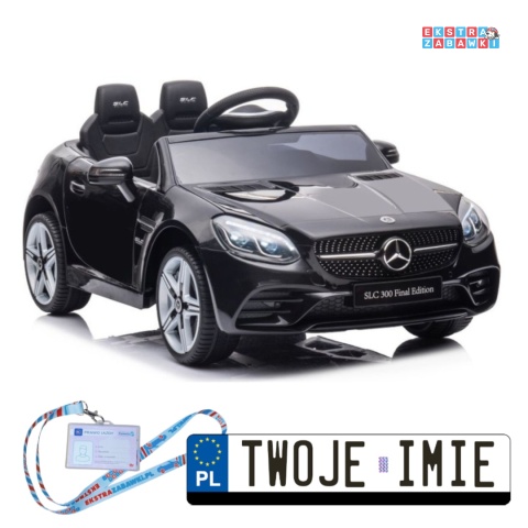 Czarny Mercedes SLC 300 na akumulator - 2x45W 12V/4.5Ah, EVA, LED, pilot, panel audio, hamulec automatyczny [9129]