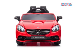 Czerwony Mercedes SLC 300 na akumulator - 2x45W 12V/4.5Ah, EVA, LED, pilot, panel audio, hamulec automatyczny [9130]