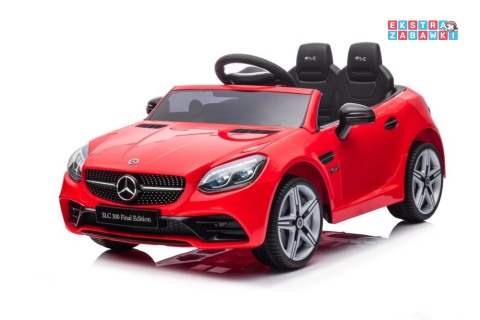 Czerwony Mercedes SLC 300 na akumulator - 2x45W 12V/4.5Ah, EVA, LED, pilot, panel audio, hamulec automatyczny [9130]