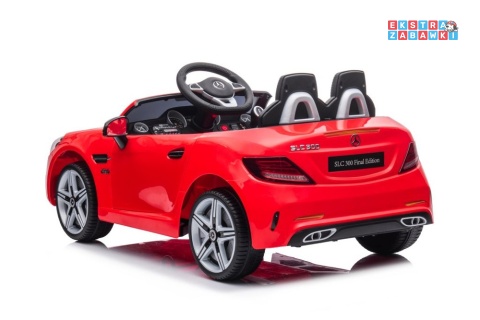 Czerwony Mercedes SLC 300 na akumulator - 2x45W 12V/4.5Ah, EVA, LED, pilot, panel audio, hamulec automatyczny [9130]
