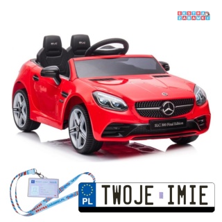 Czerwony Mercedes SLC 300 na akumulator - 2x45W 12V/4.5Ah, EVA, LED, pilot, panel audio, hamulec automatyczny [9130]