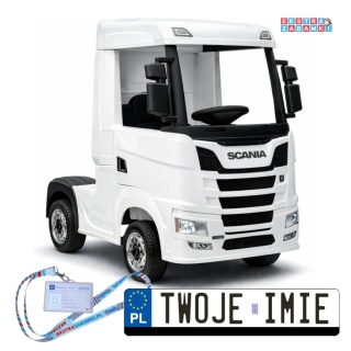 Biała Scania 500R HL698 na akumulator - 4x45W 24V/7Ah, EVA, pilot, LED, Bluetooth, automatyczny hamulec [20636]