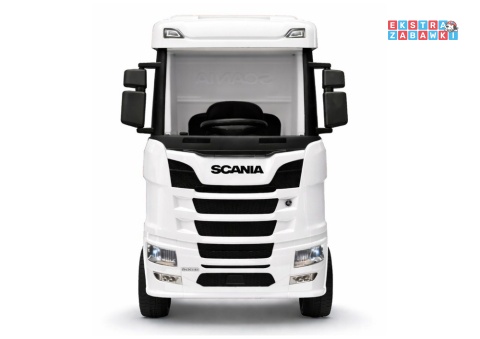 Biała Scania 500R HL698 na akumulator - 4x45W 24V/7Ah, EVA, pilot, LED, Bluetooth, automatyczny hamulec [20636]