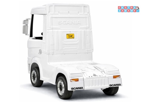 Biała Scania 500R HL698 na akumulator - 4x45W 24V/7Ah, EVA, pilot, LED, Bluetooth, automatyczny hamulec [20636]