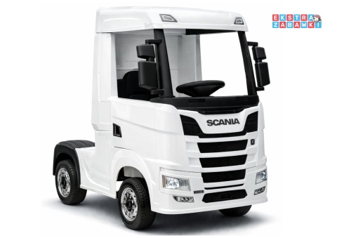 Biała Scania 500R HL698 na akumulator - 4x45W 24V/7Ah, EVA, pilot, LED, Bluetooth, automatyczny hamulec [20636]