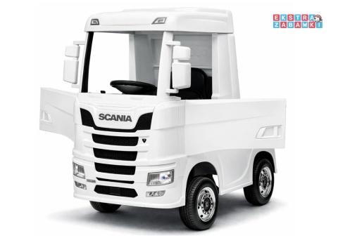 Biała Scania 500R HL698 na akumulator - 4x45W 24V/7Ah, EVA, pilot, LED, Bluetooth, automatyczny hamulec [20636]