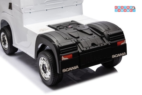 Biała Scania 500R HL698 na akumulator - 4x45W 24V/7Ah, EVA, pilot, LED, Bluetooth, automatyczny hamulec [20636]