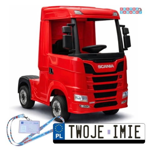 Czerwona Scania 500R HL698 na akumulator - 4x45W 24V/7Ah, EVA, pilot, LED, Bluetooth, automatyczny hamulec [20637]