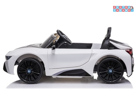 Białe BMW I8 Coupe na akumulator - 2x45W 12V/4.5Ah, EVA, ekoskóra, pilot, LED, panel muzyczny [16880]