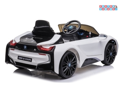 Białe BMW I8 Coupe na akumulator - 2x45W 12V/4.5Ah, EVA, ekoskóra, pilot, LED, panel muzyczny [16880]