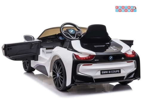 Białe BMW I8 Coupe na akumulator - 2x45W 12V/4.5Ah, EVA, ekoskóra, pilot, LED, panel muzyczny [16880]