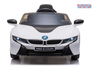 Białe BMW I8 Coupe na akumulator - 2x45W 12V/4.5Ah, EVA, ekoskóra, pilot, LED, panel muzyczny [16880]