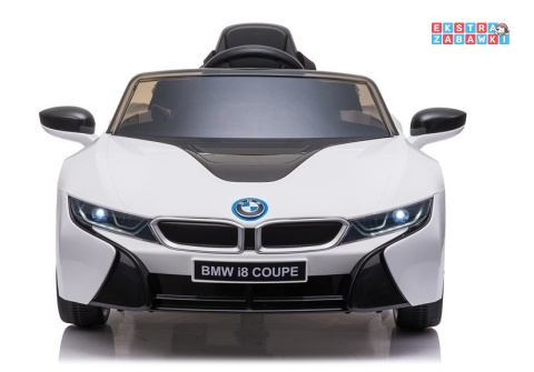 Białe BMW I8 Coupe na akumulator - 2x45W 12V/4.5Ah, EVA, ekoskóra, pilot, LED, panel muzyczny [16880]