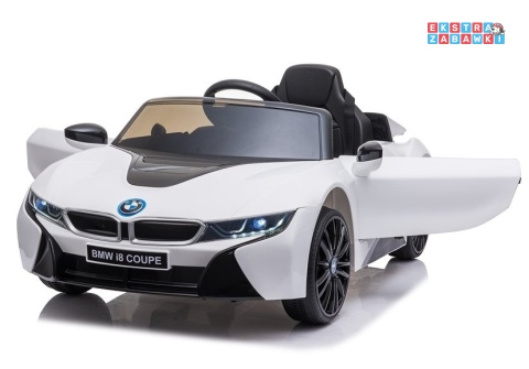 Białe BMW I8 Coupe na akumulator - 2x45W 12V/4.5Ah, EVA, ekoskóra, pilot, LED, panel muzyczny [16880]