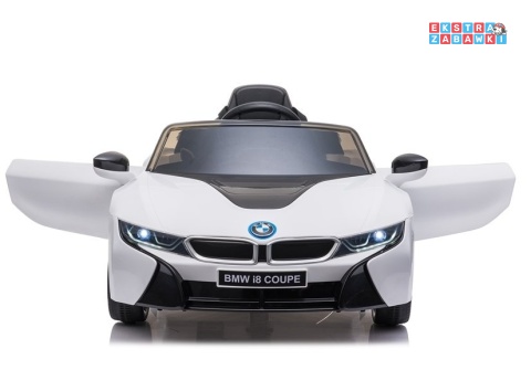 Białe BMW I8 Coupe na akumulator - 2x45W 12V/4.5Ah, EVA, ekoskóra, pilot, LED, panel muzyczny [16880]