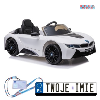 Białe BMW I8 Coupe na akumulator - 2x45W 12V/4.5Ah, EVA, ekoskóra, pilot, LED, panel muzyczny [16880]