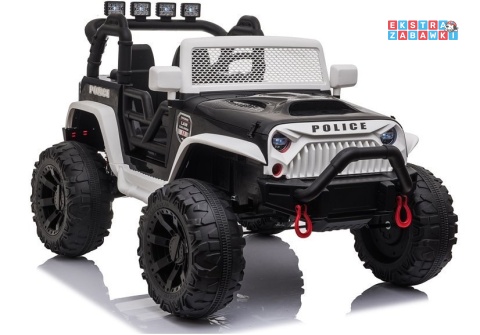 Biały Jeep JC666 policyjny na akumulator - 2x200W 24V/7Ah, do 5mk/h, EVA, LED, Bluetooth, pilot, ekoskóra [7489]