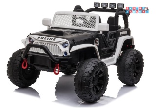 Biały Jeep JC666 policyjny na akumulator - 2x200W 24V/7Ah, do 5mk/h, EVA, LED, Bluetooth, pilot, ekoskóra [7489]