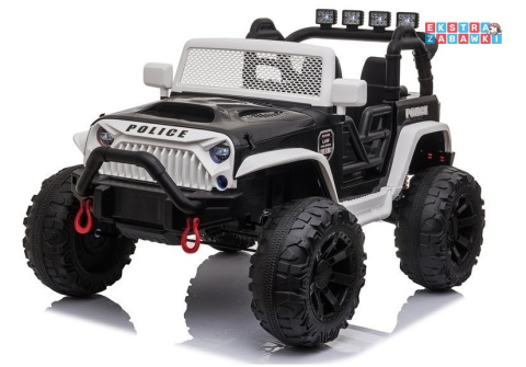 Biały Jeep JC666 policyjny na akumulator - 2x200W 24V/7Ah, do 5mk/h, EVA, LED, Bluetooth, pilot, ekoskóra [7489]