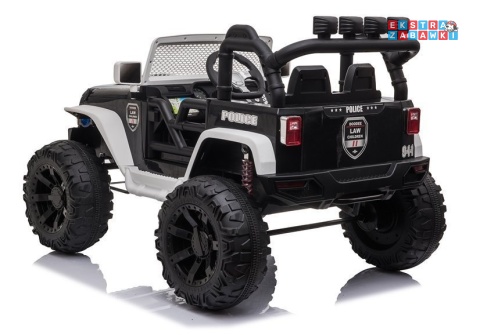 Biały Jeep JC666 policyjny na akumulator - 2x200W 24V/7Ah, do 5mk/h, EVA, LED, Bluetooth, pilot, ekoskóra [7489]