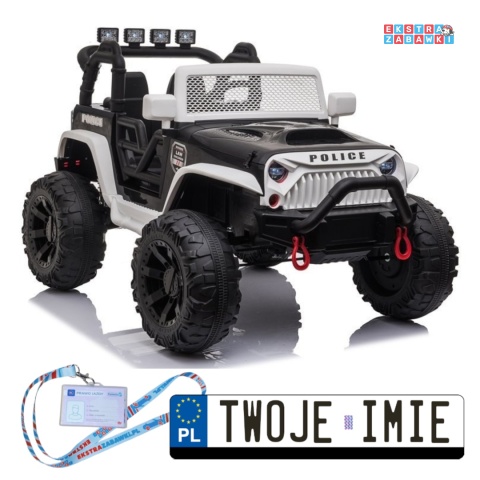 Biały Jeep JC666 policyjny na akumulator - 2x200W 24V/7Ah, do 5mk/h, EVA, LED, Bluetooth, pilot, ekoskóra [7489]