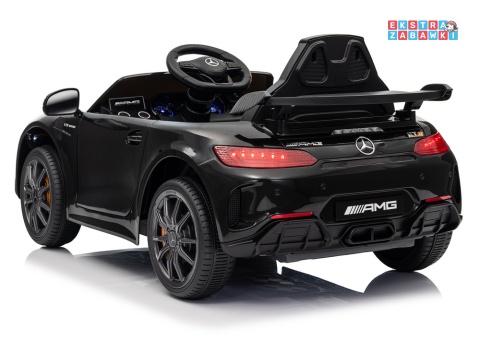 Czarny Mercedes GTR na akumulator - 2x45W 12V/4.5Ah, EVA, ekoskóra, LED, pilot, automatyczny hamulec [25076]
