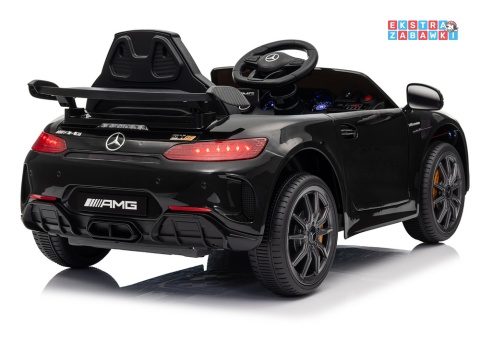 Czarny Mercedes GTR na akumulator - 2x45W 12V/4.5Ah, EVA, ekoskóra, LED, pilot, automatyczny hamulec [25076]