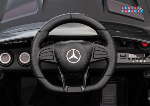Czarny Mercedes GTR na akumulator - 2x45W 12V/4.5Ah, EVA, ekoskóra, LED, pilot, automatyczny hamulec [25076]