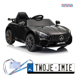 Czarny Mercedes GTR na akumulator - 2x45W 12V/4.5Ah, EVA, ekoskóra, LED, pilot, automatyczny hamulec [25076]