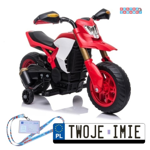 Czerwony Motor TR1909 na akumulator - 1x45W 6V/4.5Ah, LED, boczne kółka, automatyczny hamulec - [6578]