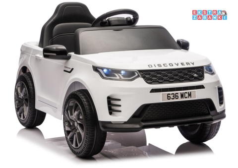 Biały Land Rover Discovery DLS-K06 na akumulator - 2x45W 12V/7Ah, EVA, Bluetooth, ekoskóra, pilot, automatyczny hamulec [28997]