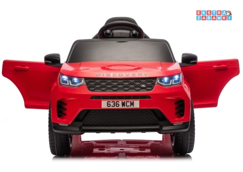 Czerwony Land Rover Discovery DLS-K06 na akumulator - 2x45W 12V/7Ah, EVA, Bluetooth, ekoskóra, pilot, auto hamulec [28999]