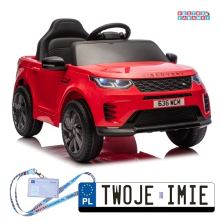 Czerwony Land Rover Discovery DLS-K06 na akumulator - 2x45W 12V/7Ah, EVA, Bluetooth, ekoskóra, pilot, auto hamulec [28999]
