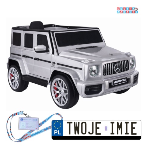 Srebrny Mercedes G63 S306-1 na akumulator - 2x45W 12V/4.5Ah, EVA, LED, ekoskóra, pilot, panel muzyczny [28766]