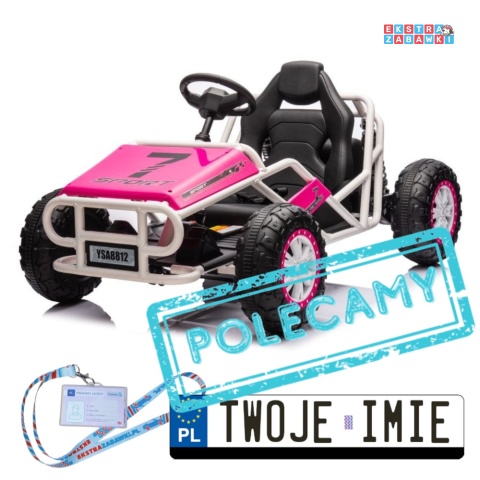 Różowy buggy A8812 na akumulator dwuosobowy - różowy, 2x100W 24V/14Ah, ekoskóra, pasy, EVA [19931]