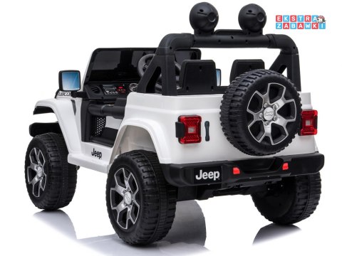 Biały Jeep Wrangler Rubicon na akumulator - 4x45W 12V/10Ah, EVA, ekoskóra, 5-punktowe pasy, LED, pilot [PA0223]