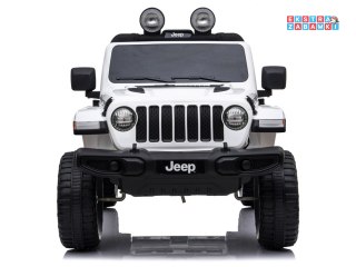 Biały Jeep Wrangler Rubicon na akumulator - 4x45W 12V/10Ah, EVA, ekoskóra, 5-punktowe pasy, LED, pilot [PA0223]