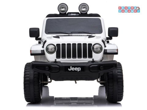 Biały Jeep Wrangler Rubicon na akumulator - 4x45W 12V/10Ah, EVA, ekoskóra, 5-punktowe pasy, LED, pilot [PA0223]